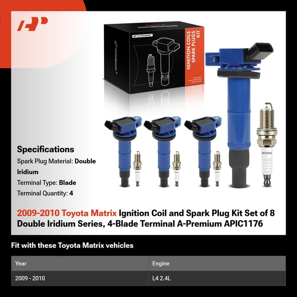 2009-2010 Toyota Matrix Ignition Coil and Spark Plug Kit Set of 8 Double Iridium Series, 4-Blade Terminal A-Premium APIC1176