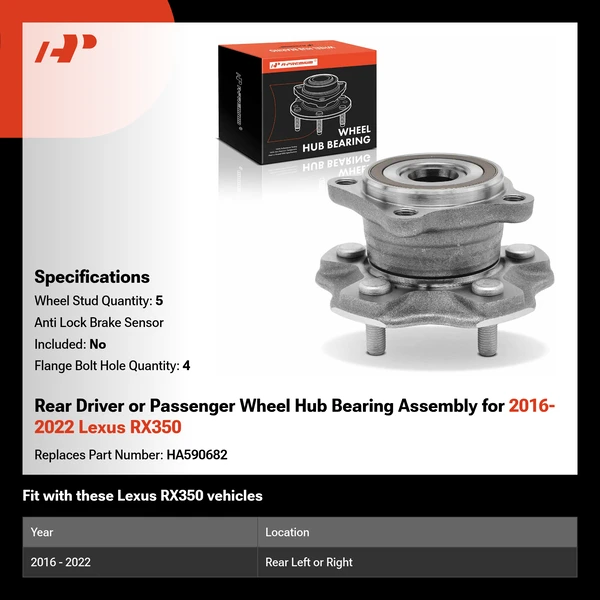 Rear Driver or Passenger Wheel Hub Bearing Assembly for 2016-2022 Lexus RX350