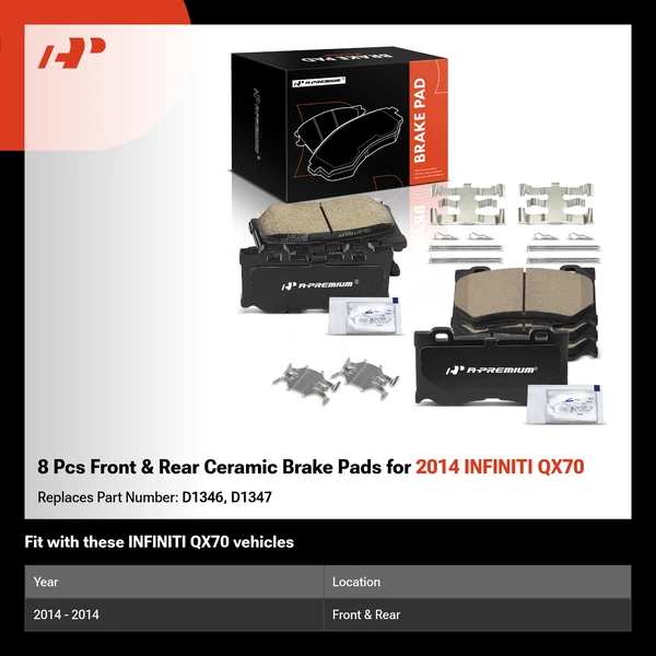 8 Pcs Front & Rear Ceramic Brake Pads for 2014 INFINITI QX70