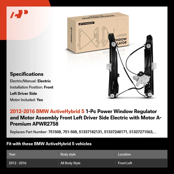 2012-2016 BMW ActiveHybrid 5 1-Pc Power Window Regulator and Motor Assembly Front Left Driver Side Electric with Motor A-Premium APWR2758