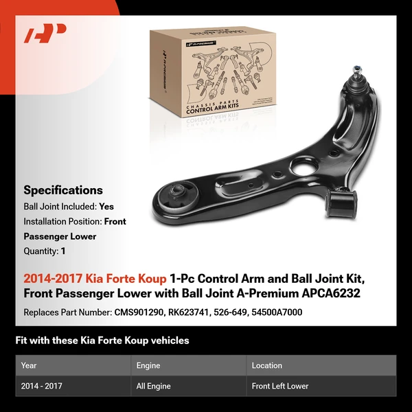 2014-2017 Kia Forte Koup 1-Pc Control Arm and Ball Joint Kit, Front Passenger Lower with Ball Joint A-Premium APCA6232