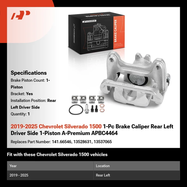 2019-2025 Chevrolet Silverado 1500 1-Pc Brake Caliper Rear Left Driver Side 1-Piston A-Premium APBC4464