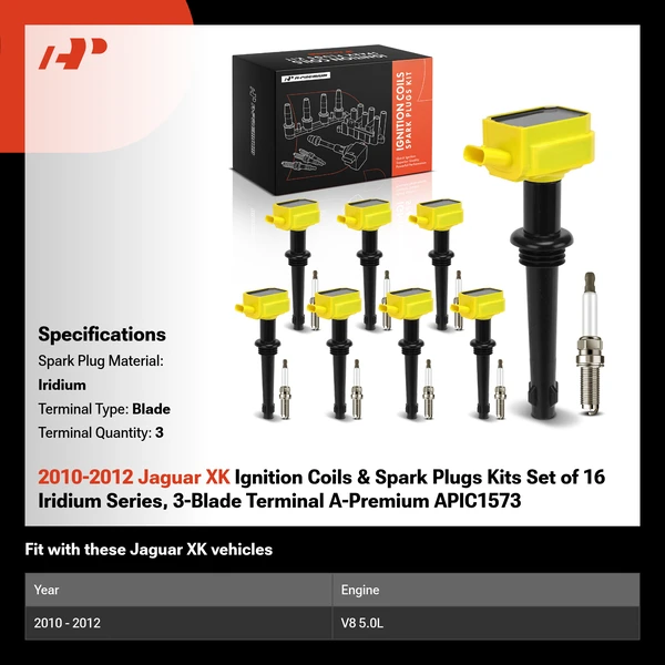 2010-2012 Jaguar XK Ignition Coils & Spark Plugs Kits Set of 16 Iridium Series, 3-Blade Terminal A-Premium APIC1573