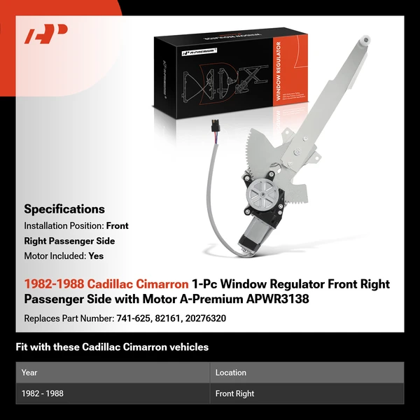 1982-1988 Cadillac Cimarron 1-Pc Window Regulator Front Right Passenger Side with Motor A-Premium APWR3138