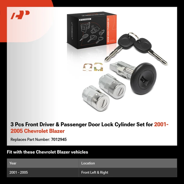 3 Pcs Front Driver & Passenger Door Lock Cylinder Set for 2001-2005 Chevrolet Blazer