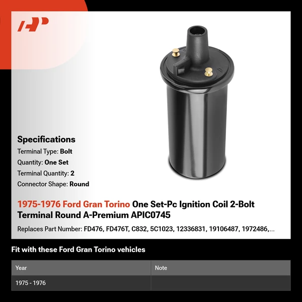 1975-1976 Ford Gran Torino One Set-Pc Ignition Coil 2-Bolt Terminal Round A-Premium APIC0745