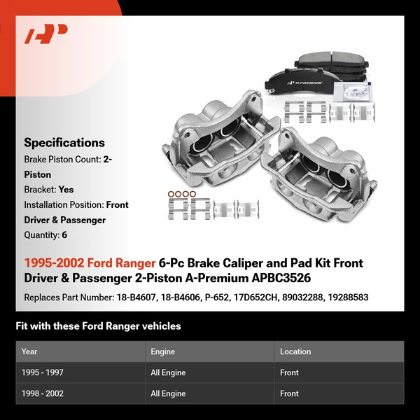1995-2002 Ford Ranger 6-Pc Brake Caliper and Pad Kit Front Driver & Passenger 2-Piston A-Premium APBC3526