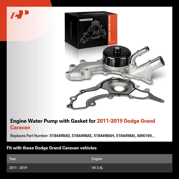 Engine Water Pump with Gasket for 2011-2019 Dodge Grand Caravan