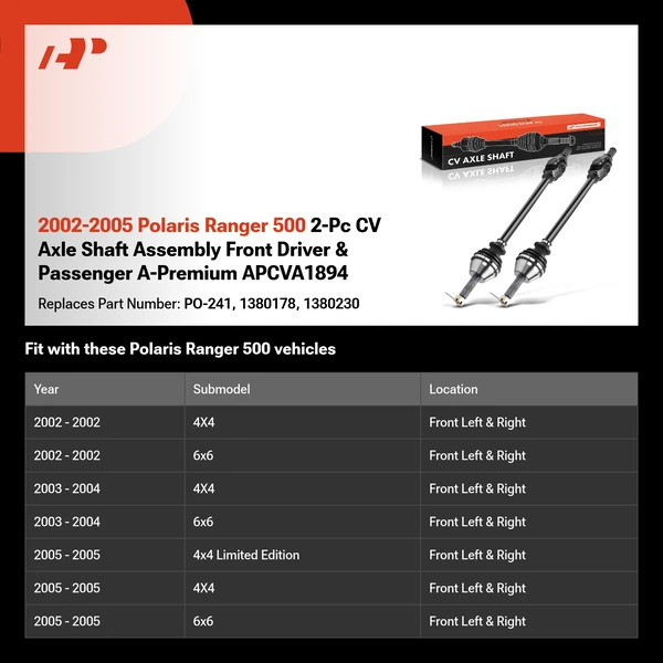2002-2005 Polaris Ranger 500 2-Pc CV Axle Shaft Assembly Front Driver & Passenger A-Premium APCVA1894