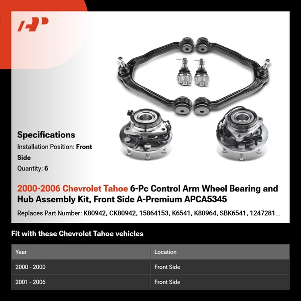 2000-2006 Chevrolet Tahoe 6-Pc Control Arm Wheel Bearing and Hub Assembly Kit, Front Side A-Premium APCA5345