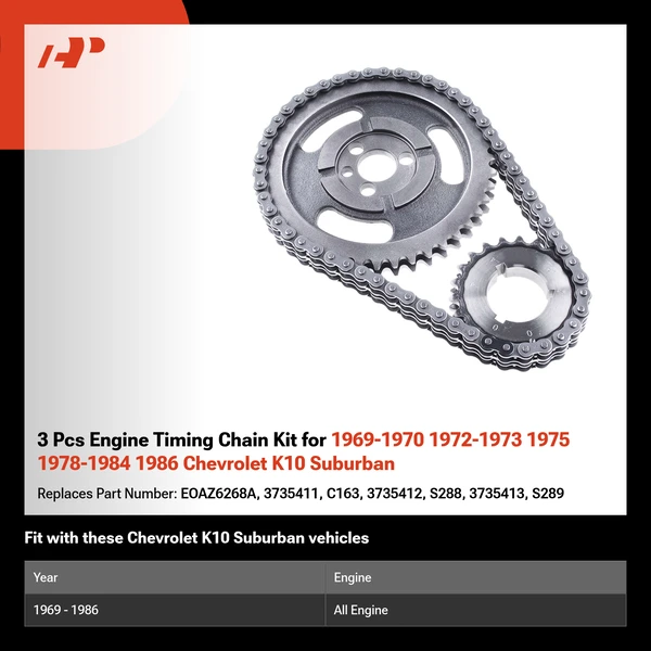 3 Pcs Engine Timing Chain Kit for 1969-1970 1972-1973 1975 1978-1984 1986 Chevrolet K10 Suburban