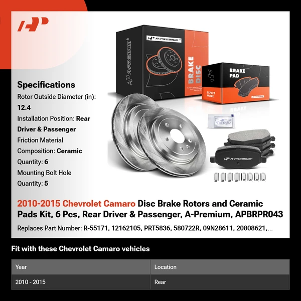 2010-2015 Chevrolet Camaro Disc Brake Rotors and Ceramic Pads Kit, 6 Pcs, Rear Driver & Passenger, A-Premium, APBRPR043