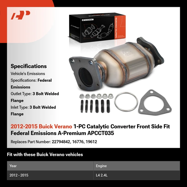 2012-2015 Buick Verano 1-PC Catalytic Converter Front Side Fit Federal Emissions A-Premium APCCT035
