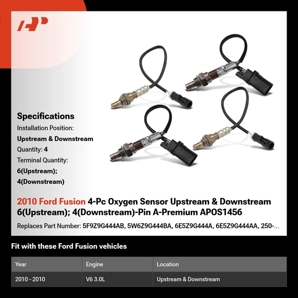 2010 Ford Fusion 4-Pc Oxygen Sensor Upstream & Downstream 6(Upstream); 4(Downstream)-Pin A-Premium APOS1456