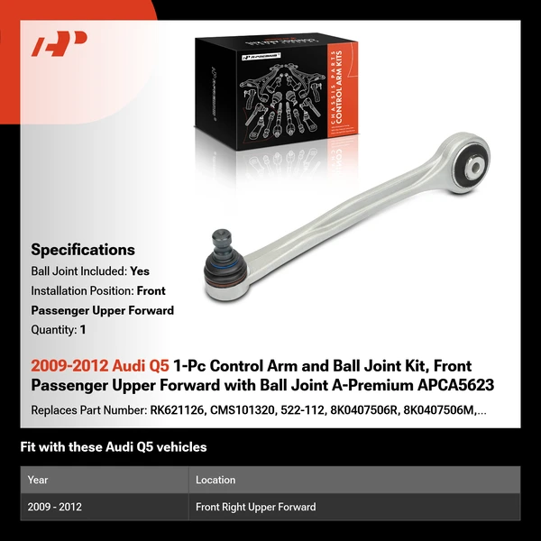 2009-2012 Audi Q5 1-Pc Control Arm and Ball Joint Kit, Front Passenger Upper Forward with Ball Joint A-Premium APCA5623