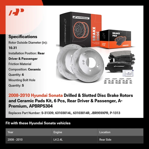 2008-2010 Hyundai Sonata Drilled & Slotted Disc Brake Rotors and Ceramic Pads Kit, 6 Pcs, Rear Driver & Passenger, A-Premium, APBRPS304