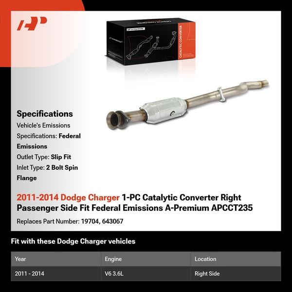 2011-2014 Dodge Charger 1-PC Catalytic Converter Right Passenger Side Fit Federal Emissions A-Premium APCCT235