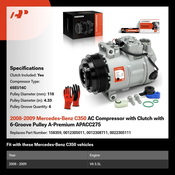 2008-2009 Mercedes-Benz C350 AC Compressor with Clutch with 6-Groove Pulley A-Premium APACC275