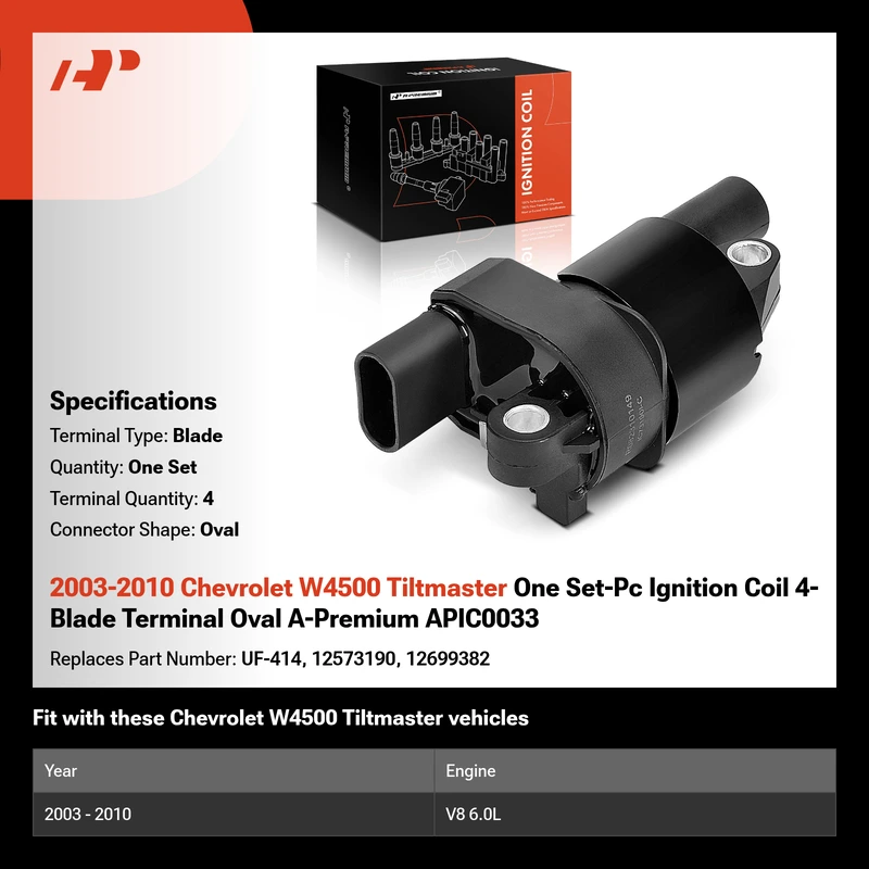 2003-2010 Chevrolet W4500 Tiltmaster One Set-Pc Ignition Coil 4-Blade Terminal Oval A-Premium APIC0033