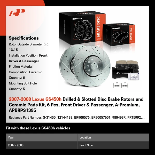 2007-2008 Lexus GS450h Drilled & Slotted Disc Brake Rotors and Ceramic Pads Kit, 6 Pcs, Front Driver & Passenger, A-Premium, APBRPS1395