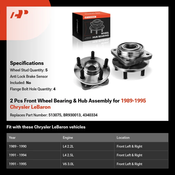 2 Pcs Front Wheel Bearing & Hub Assembly for 1989-1995 Chrysler LeBaron