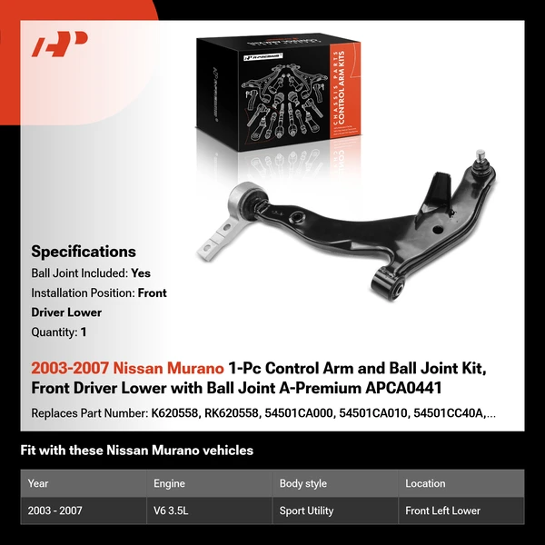 2003-2007 Nissan Murano 1-Pc Control Arm and Ball Joint Kit, Front Driver Lower with Ball Joint A-Premium APCA0441
