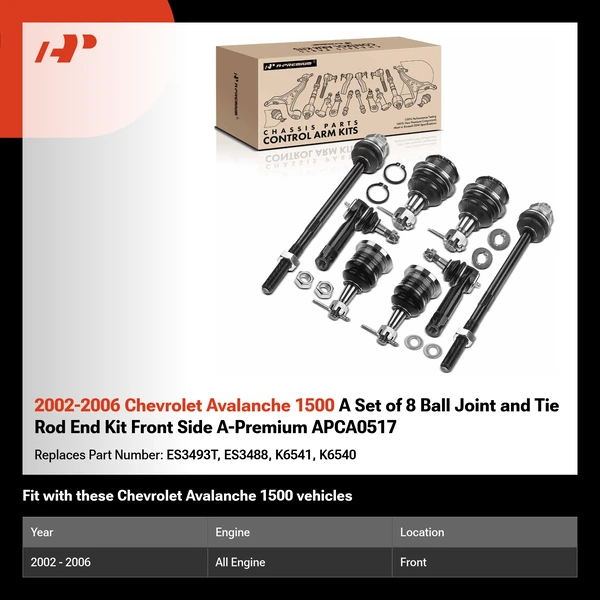 2002-2006 Chevrolet Avalanche 1500 A Set of 8 Ball Joint and Tie Rod End Kit Front Side A-Premium APCA0517