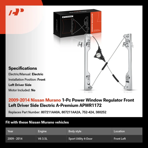 2009-2014 Nissan Murano 1-Pc Power Window Regulator Front Left Driver Side Electric A-Premium APWR1172