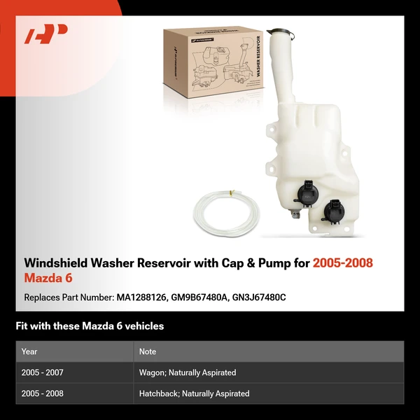 Windshield Washer Reservoir with Cap & Pump for 2005-2008 Mazda 6