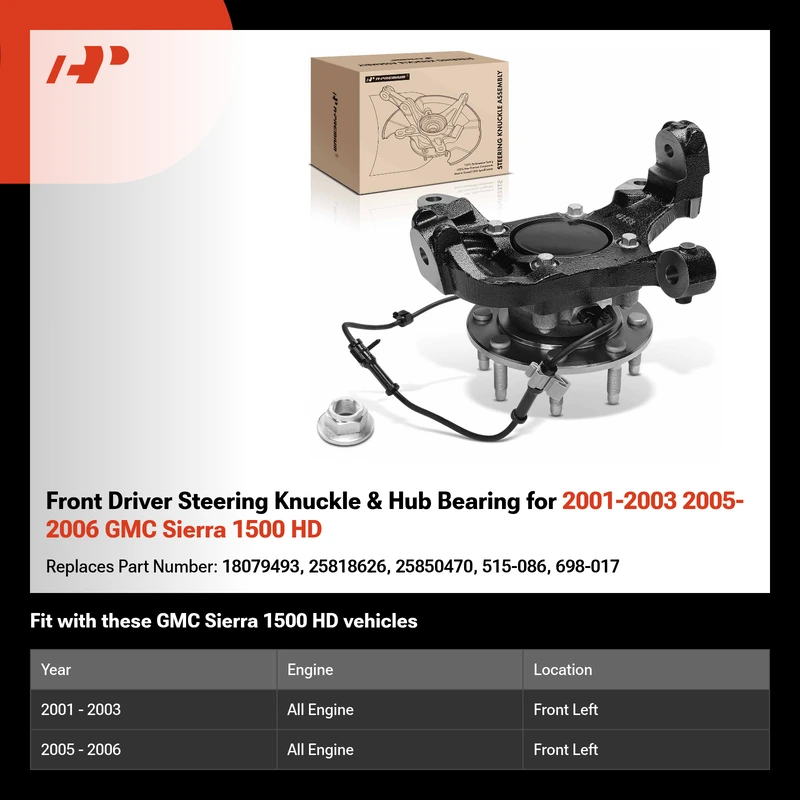 Front Driver Steering Knuckle & Hub Bearing for 2001-2003 2005-2006 GMC Sierra 1500 HD