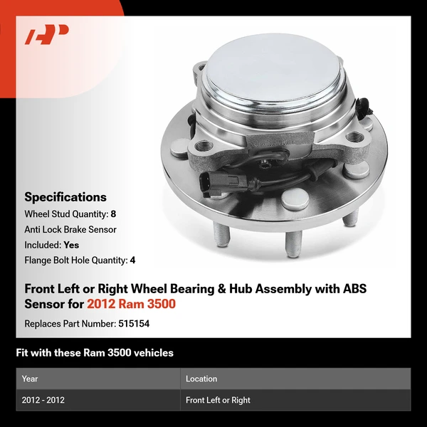 Front Left or Right Wheel Bearing & Hub Assembly with ABS Sensor for 2012 Ram 3500