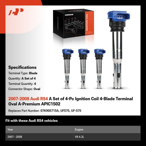 2007-2008 Audi RS4 A Set of 4-Pc Ignition Coil 4-Blade Terminal Oval A-Premium APIC1502