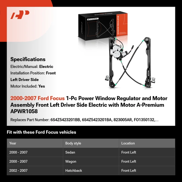 2000-2007 Ford Focus 1-Pc Power Window Regulator and Motor Assembly Front Left Driver Side Electric with Motor A-Premium APWR1058