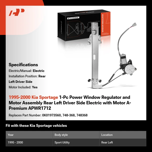 1995-2000 Kia Sportage 1-Pc Power Window Regulator and Motor Assembly Rear Left Driver Side Electric with Motor A-Premium APWR1712