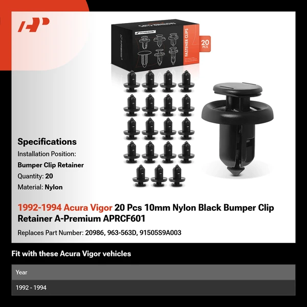 1992-1994 Acura Vigor 20 Pcs 10mm Nylon Black Bumper Clip Retainer A-Premium APRCF601
