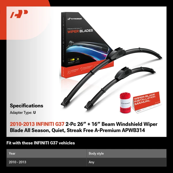 2010-2013 INFINITI G37 2-Pc 26″ + 16″ Beam Windshield Wiper Blade All Season, Quiet, Streak Free A-Premium APWB314