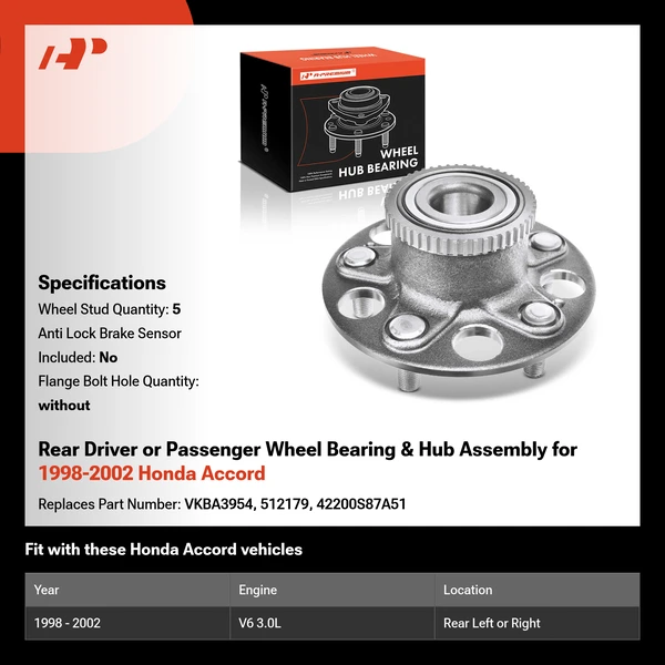 Rear Driver or Passenger Wheel Bearing & Hub Assembly for 1998-2002 Honda Accord