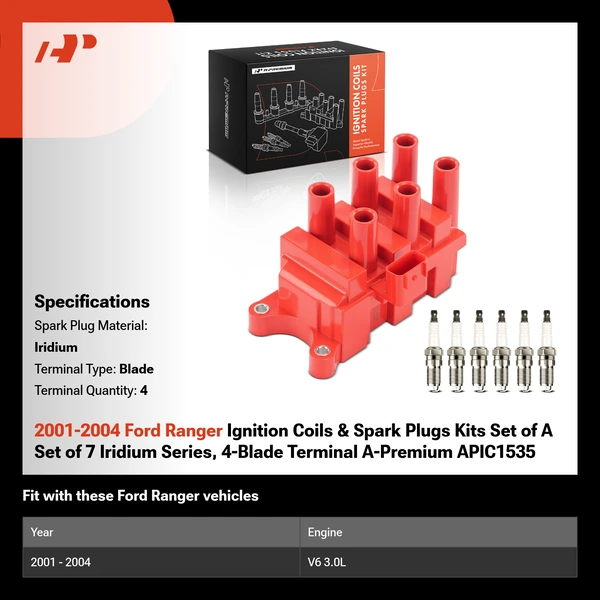 2001-2004 Ford Ranger Ignition Coils & Spark Plugs Kits Set of A Set of 7 Iridium Series, 4-Blade Terminal A-Premium APIC1535