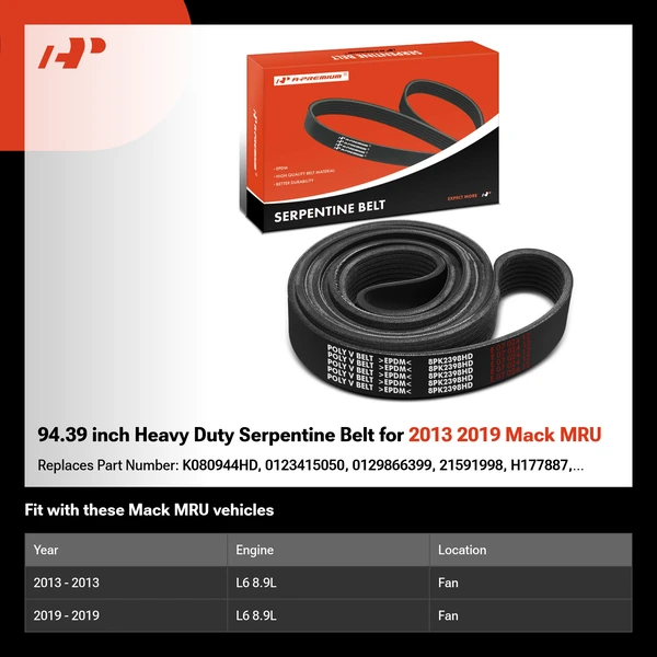 94.39 inch Heavy Duty Serpentine Belt for 2013 2019 Mack MRU
