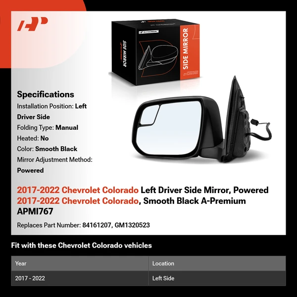 2017-2022 Chevrolet Colorado Left Driver Side Mirror, Powered 2017-2022 Chevrolet Colorado, Smooth Black A-Premium APMI767