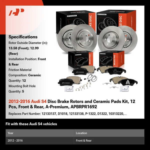 2012-2016 Audi S4 Disc Brake Rotors and Ceramic Pads Kit, 12 Pcs, Front & Rear, A-Premium, APBRPR1692