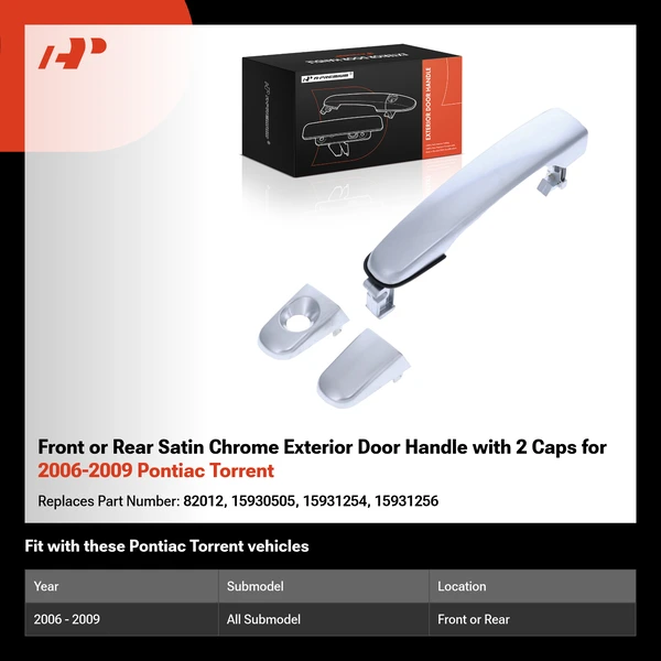 Front or Rear Satin Chrome Exterior Door Handle with 2 Caps for 2006-2009 Pontiac Torrent