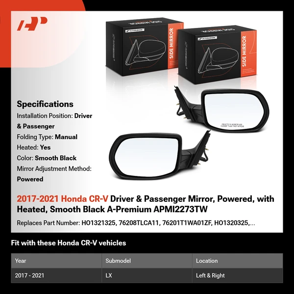 2017-2021 Honda CR-V Driver & Passenger Mirror, with Heating, Power Adjustment, Manual Folding, Smooth Black A-Premium APMI2273TW
