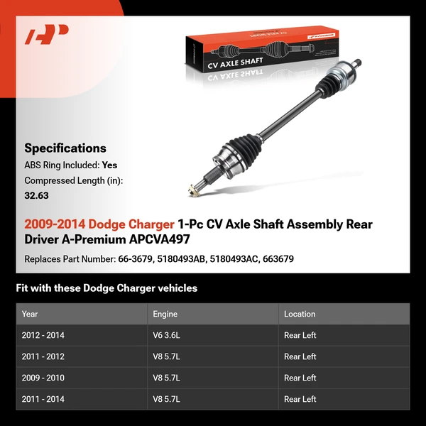 2009-2014 Dodge Charger 1-Pc CV Axle Shaft Assembly Rear Driver A-Premium APCVA497