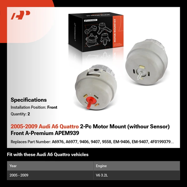 2005-2009 Audi A6 Quattro 2-Pc Motor Mount (withour Sensor) Front A-Premium APEM939