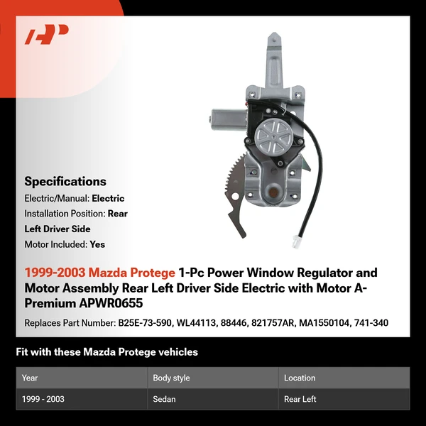 1999-2003 Mazda Protege 1-Pc Power Window Regulator and Motor Assembly Rear Left Driver Side Electric with Motor A-Premium APWR0655