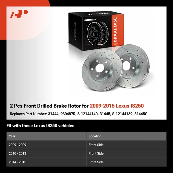 2 Pcs Front Drilled Brake Rotor for 2009-2015 Lexus IS250