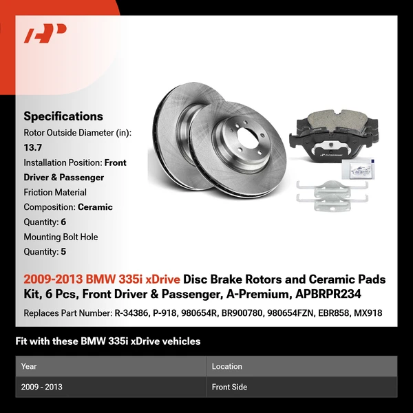2009-2013 BMW 335i xDrive Disc Brake Rotors and Ceramic Pads Kit, 6 Pcs, Front Driver & Passenger, A-Premium, APBRPR234