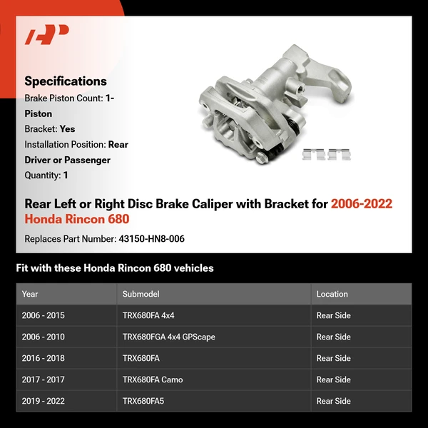 Rear Left or Right Disc Brake Caliper with Bracket for 2006-2022 Honda Rincon 680