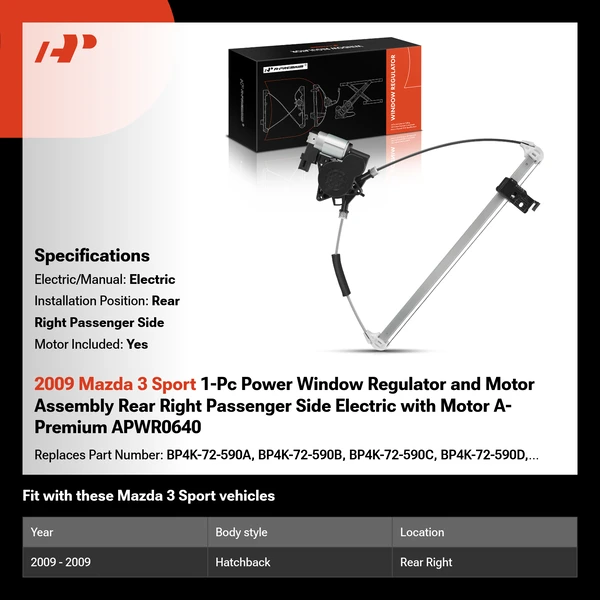 2009 Mazda 3 Sport 1-Pc Power Window Regulator and Motor Assembly Rear Right Passenger Side Electric with Motor A-Premium APWR0640